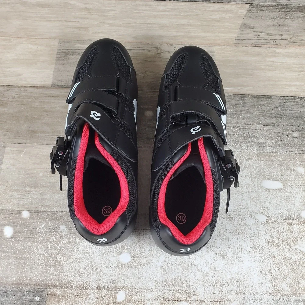 Peloton Cycling Shoes Womens Sz 8 Black Leather Low Top Round Toe 3 Bolt Sneaker